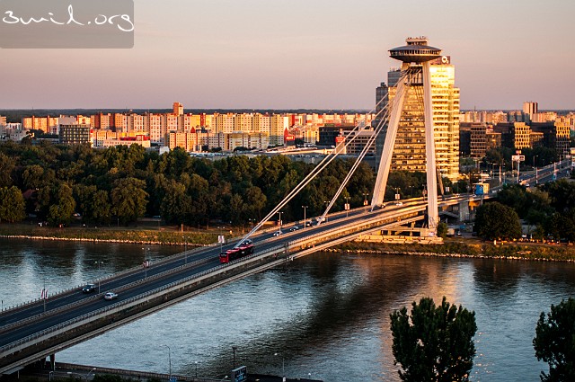 Slovakia, Bratislava UFO restaurant, Bratislava, Slovakia on top of the Most SNP bridge over the river Danube.