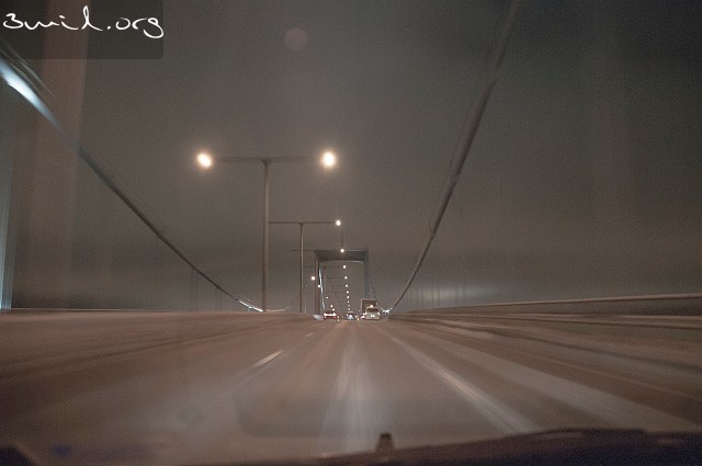 Sweden, Gothenburg Foggy night on The Älvsborg Bridge, Gothenburg, Sweden Älvsborgsbron