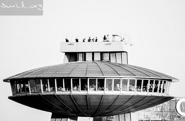 Slovakia, Bratislava UFO restaurant in central Bratislava, Slovakia on top of the Most SNP bridge over the river Danube.