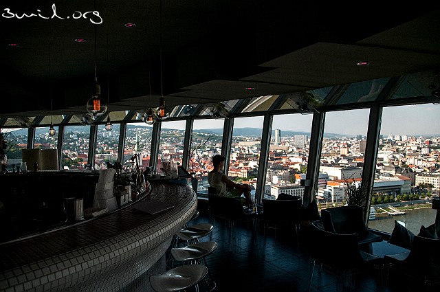 Slovakia, Bratislava UFO restaurant, Bratislava, Slovakia on top of the Most SNP bridge over the river Danube.